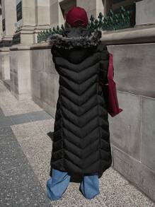 SHEIN Cottnline FUR DETAILED EXTRA Long Overcoat For Ladies Winter - Black - View 2