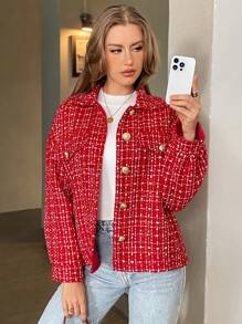 SHEIN Essnce 女士圣诞夹克休闲格子夹克秋季圣诞女装跨年夜服装 - 紅色 - 查看 5