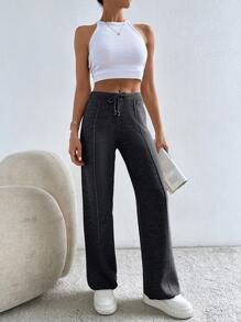 EURMUSE Women Drawstring Waist Design Loose Knit Sweatpants - Grey - View 3