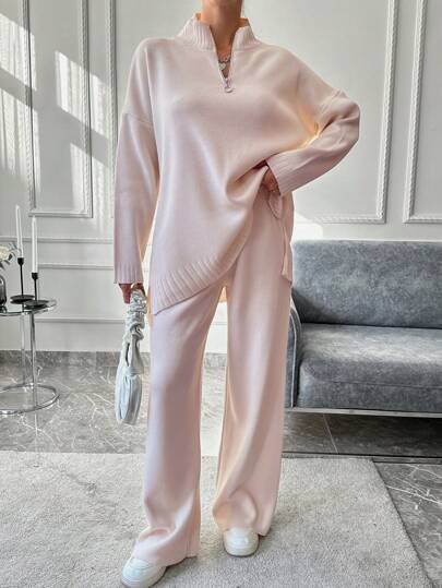 EURMUSE 2pcs/Set Women Casual Solid Stand Collar Drop Shoulder Loose Sweater And Ankle Length Pants, Autumn/Winter