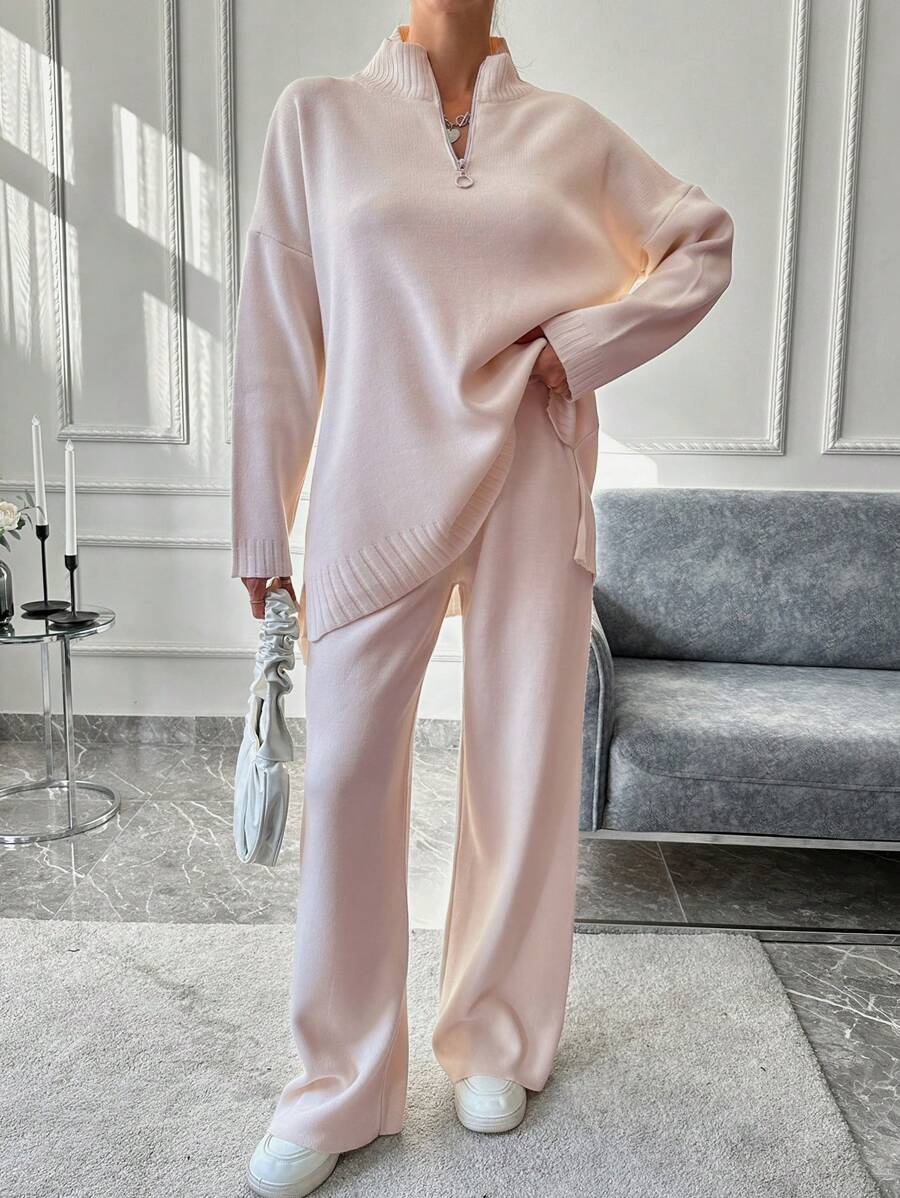 EURMUSE 2pcs/Set Women Casual Solid Stand Collar Drop Shoulder Loose Sweater And Ankle Length Pants, Autumn/Winter - Baby Pink - View 1