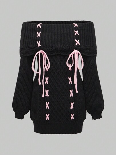 Kawaii Robe en tricot à épaules dénudées, à lacets et nœud papillon, style mignon Himekaji pour femmes