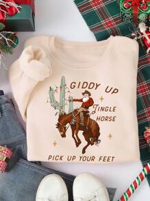 INAWLY Christmas Plus Size Graphic Print Crew Neck Long Sleeve Casual Sweatshirt Pullover Fall Sweatshirt - Apricot - View 1