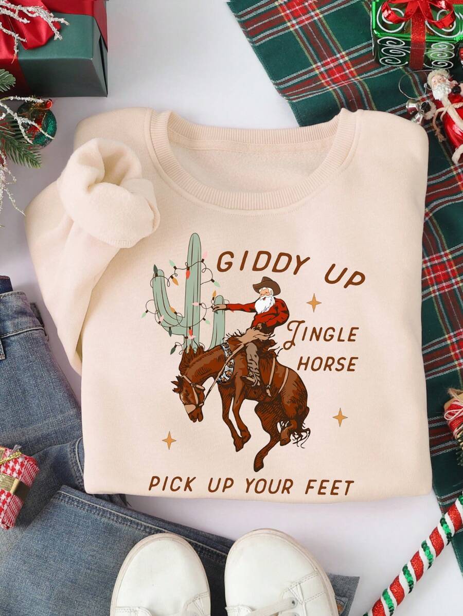 INAWLY Christmas Plus Size Graphic Print Crew Neck Long Sleeve Casual Sweatshirt Pullover Fall Sweatshirt - Apricot - View 1