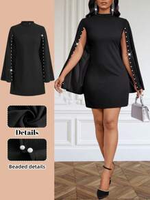 SHEIN Lady Vestido negro con capa para mujer con detalles de cuentas, vestido corto para mujer para boda, fiesta, evento formal, cena, cumpleaños, renacimiento - Negro - Ver 1