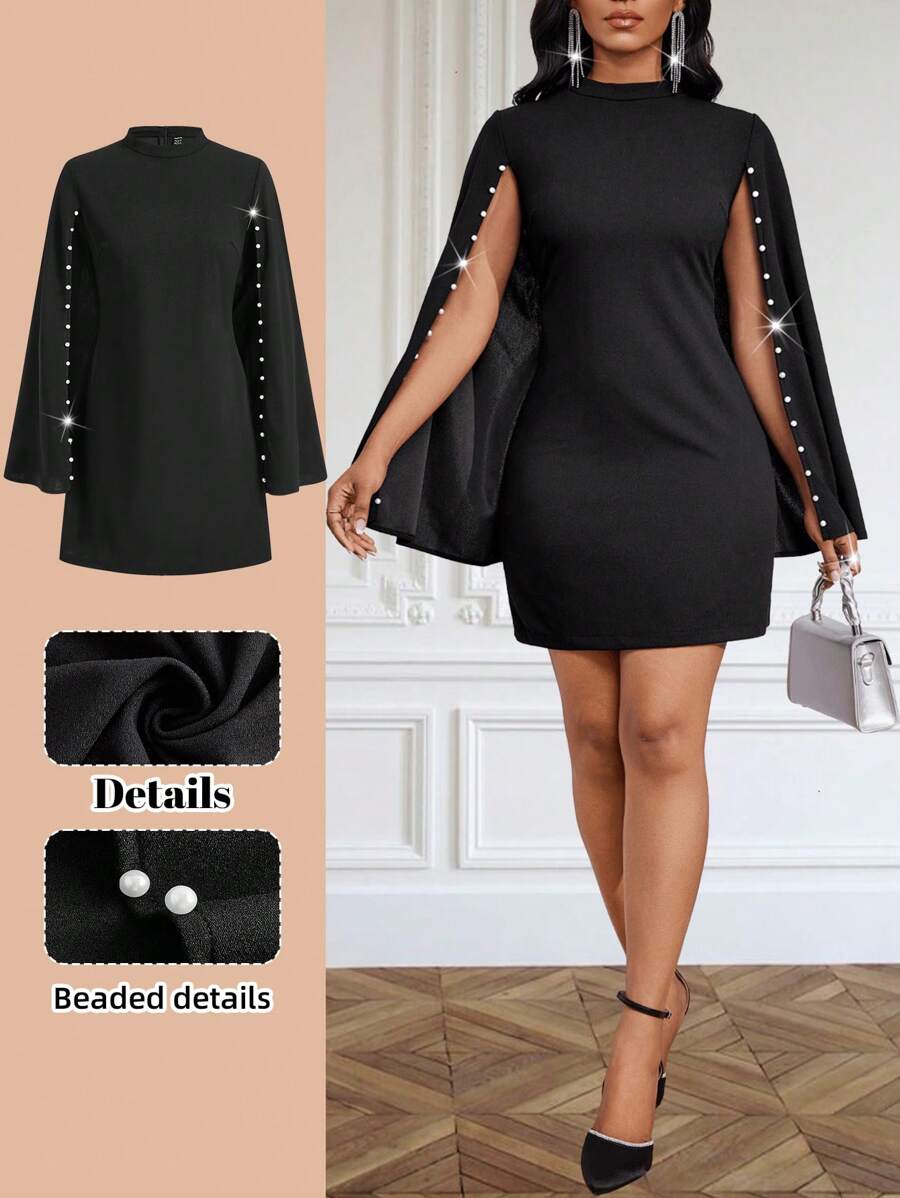 SHEIN Lady Vestido negro con capa para mujer con detalles de cuentas, vestido corto para mujer para boda, fiesta, evento formal, cena, cumpleaños, renacimiento - Negro - Ver 1