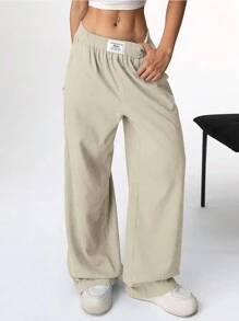 Muchica 女式纯色弹性腰带口袋休闲裤 - 杏色 - 查看 6