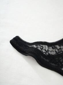 SHEIN Women's Classic Sexy Black Lace Lingerie Set With Spaghetti Strap Bra And Thong, Baddie Look - Black - View 6