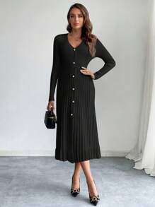 Firerie Women's Elegant Solid Color V-Neck Front Button Dress, Autumn/Winter, Fall And Winter, Elegant, Black, Longsleeve