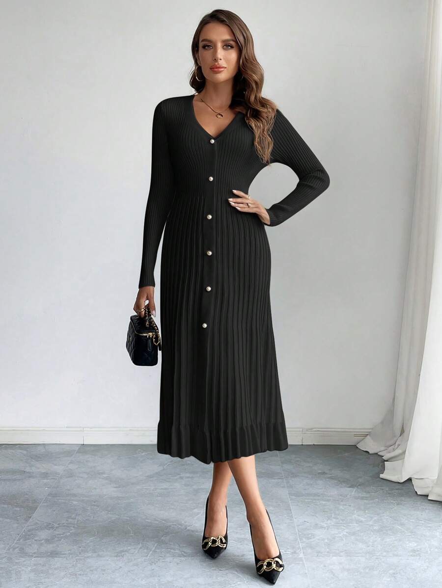 Firerie Women's Elegant Solid Color V-Neck Front Button Dress, Autumn/Winter, Fall And Winter, Elegant, Black, Longsleeve