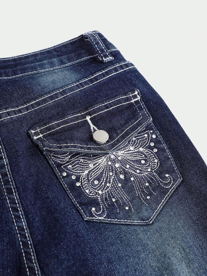 SHEIN Girlism Tween Girls Fashion Y2K Low Waist Vintage Rhinestone Butterfly Embroidered Denim Flare Leg Jeans, Girls Fall Winter Clothes Back To School Outfits