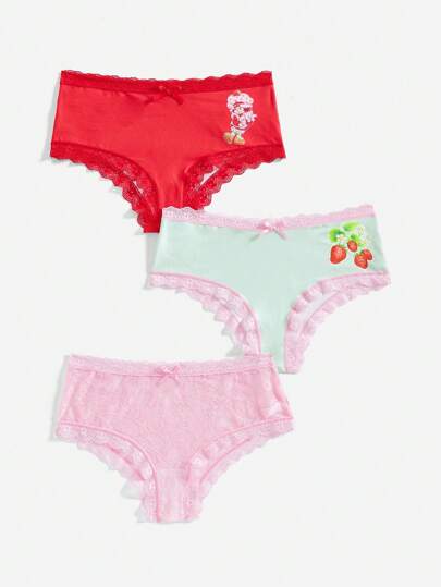 3 pièces Culottes pour femmes avec figurine de fraise de dessin animé, garniture en dentelle et nœud décoratif