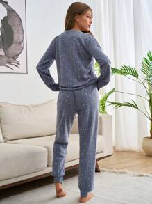 RueChic 2pcs Plush Bear Embroidery Detail With Star Pattern Homewear PJ Set - Grey - View 2