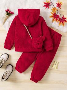 Young Girl 3pcs Set Casual Cute Letter & Animal Embroidered Fleece Hoodie, Pants And Crossbody Bag Outfit, Suitable For Autumn/Winter - Red - View 2