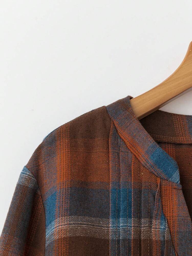 Plus Size Women Plaid V-Neck Long Sleeve Casual Shirt,  Women Clothes  Shirts For Womenbrown Blouse For Womencasual Blouse For Womenwomen Blouses Long Sleeve,Spring/Summer/Vacation