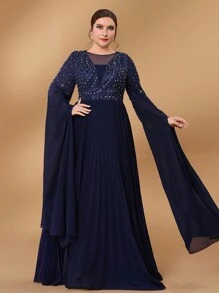 Serin Plus Size Elegant Luxury Rhinestone And Pearl Embroidery Blue Long Sleeve Chiffon Ruffle Flared A-Line Dress For Formal Dinner Event Mother Of The Bride Evening Dress