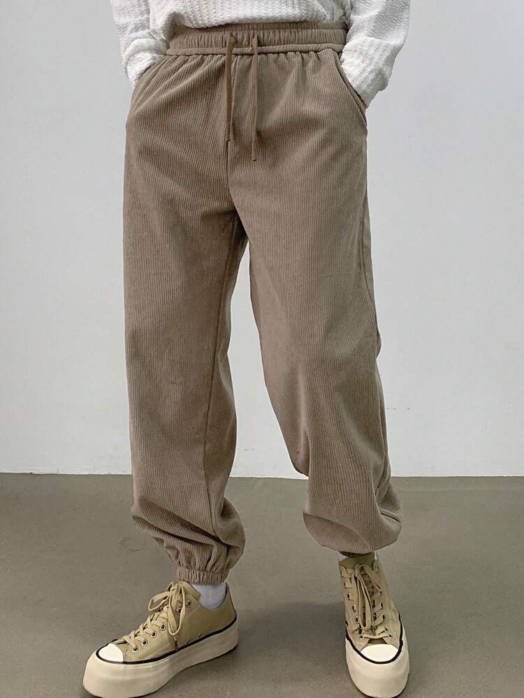 Men's Solid Color Drawstring Waist Pockets Casual Tapered Pants, Autumn Men Joggers