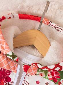 SHEIN Young Girl Polka Dot & Floral Print Thermal Lined Hooded Thick Zip Up Cardigan Jacket, Winter - Multicolor - View 5