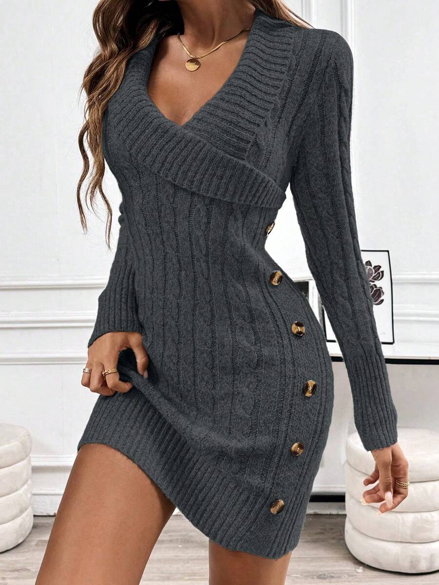 EMERY ROSE Turndown Collar Knitted Long Sleeve Comfortable Sweater Dress Fall Winter Cloth For Women - Grey - View 1