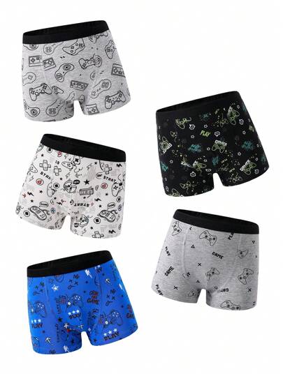 5pcs/Pack Young Boy Cool Retro Gaming Print Cotton Briefs