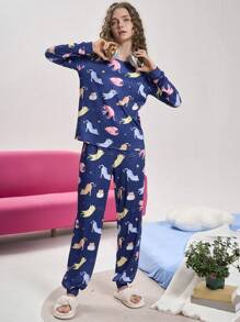 Chillnights All Over Animal Print Long Sleeve Top And Long Pants Women Pajama Set