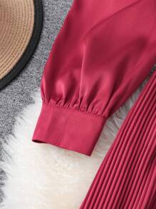 SHEIN Unity Women's Elegant Burgundy V-Neck Puff Sleeve Pleated Wide Leg Jumpsuit Fall Cloth For Women - Burgundy - View 6