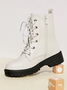 Mini mi 儿童时尚白色凸纹鞋底系带机车靴，带侧拉链，酷炫女孩战斗靴，易于穿着 - 白色 - 查看 4