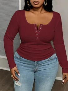 Slaydiva Camiseta de manga larga de corte slim con cuello cuadrado, en color rojo, para talla grande, uso casual y de combinación fácil