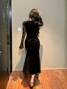 DAZY Đầm midi dài tay dáng đuôi cá phối ren cho nữ, thích hợp dự tiệc, trang phục mùa thu, ngày Valentine. - màu đen - Xem 5