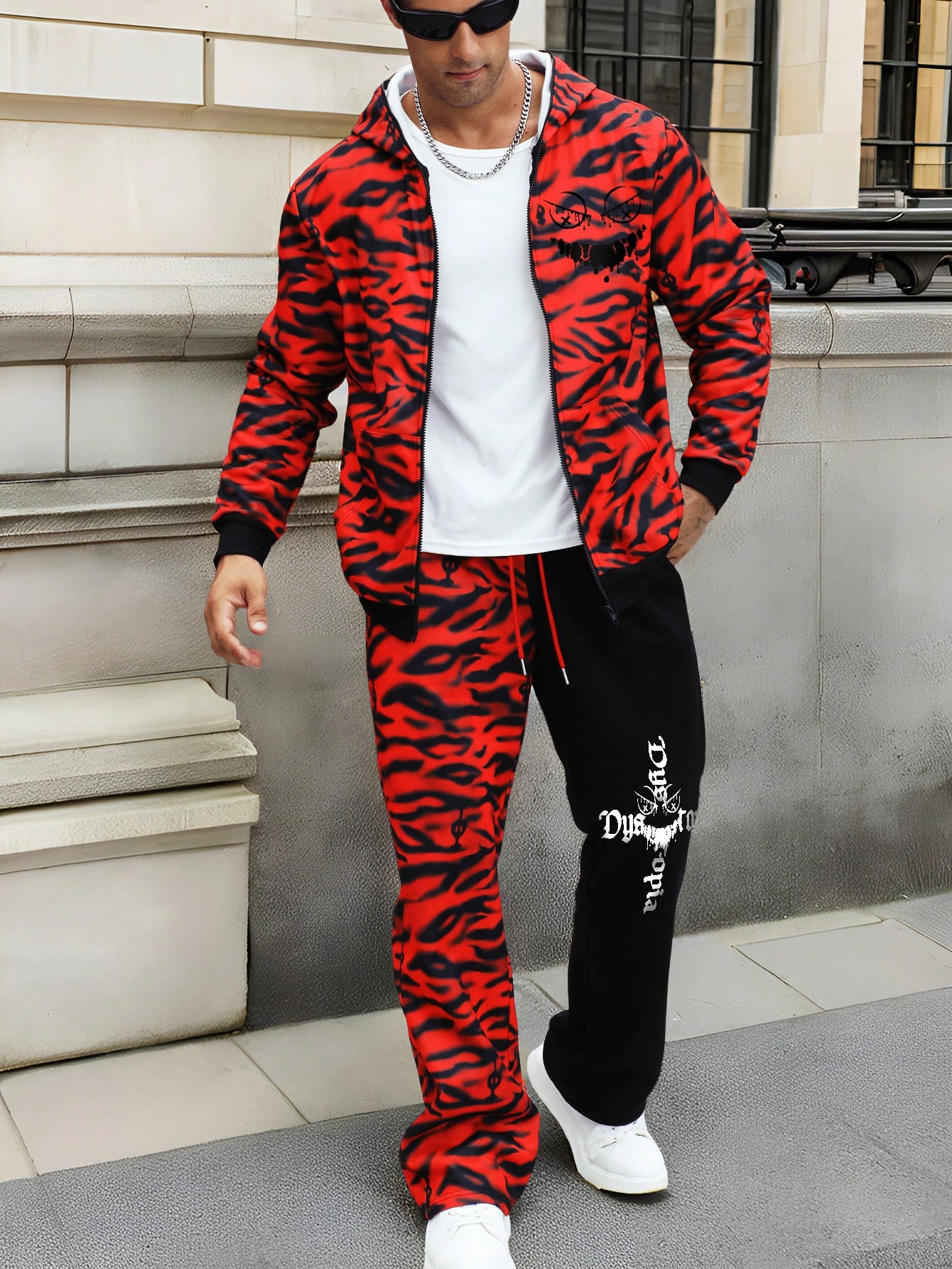 Manfinity Dauomo Men's Solid Color Patchwork Zip-Up Hooded Jacket And Tie-Front Pants 2-Piece Set