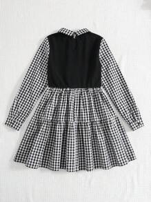 SHEIN Leap Crew TEENGIRL 黑色格子拼布领长袖连衣裙，休闲格子连衣裙，返校连衣裙，街头风格连衣裙/女孩青少年女孩服装 - 黑與白 - 查看 2