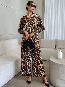 SHEIN Privé Combinaison à larges jambes imprimée sur toute la surface pour femmes, à la mode pour l'automne - Multicolore - Voir 5