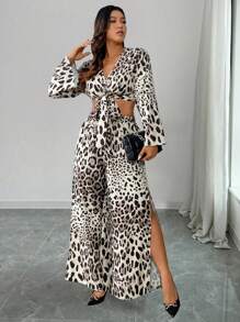 Flirla 2pcs Plus Size Women Leopard Print Tie Front Long Sleeve Cropped Top And Wide Leg Pants Fashion Set, Fall - Multicolor - View 6