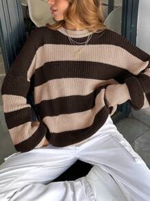 EURMUSE Women Stripe Pattern Round Neck Drop Shoulder Pullover - Multicolor - View 3