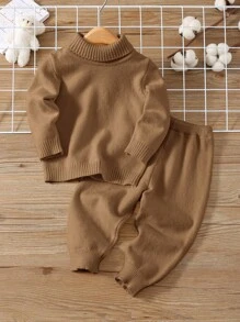 SHEIN Leap Crew 2 件套男婴和女婴棕色百搭百搭宽松高领柔软舒适毛衣和裤子套装，适合秋冬季 - 棕色 - 查看 7