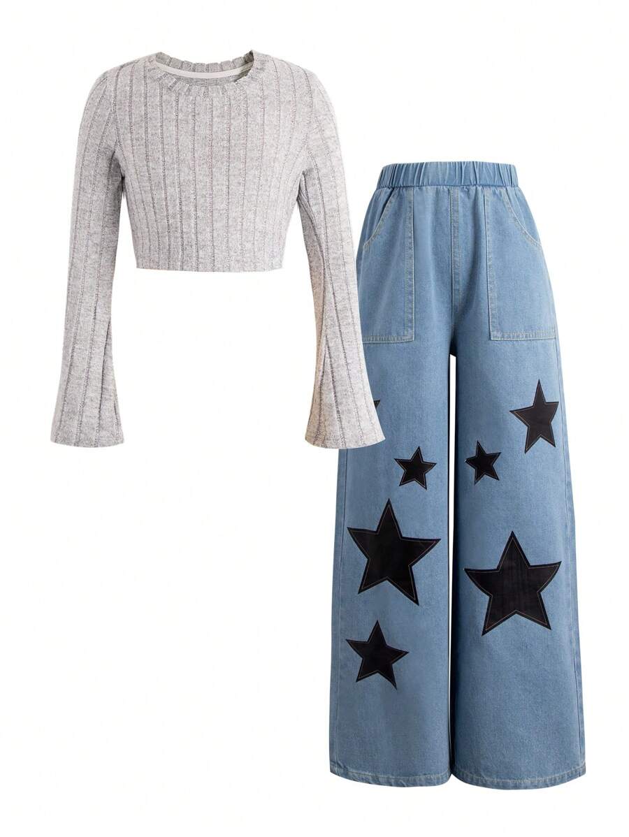 SHEIN 2pcs/Set Tween Girl/Teen Five-Pointed Star Print Denim Pants And Gray Casual Undershirt