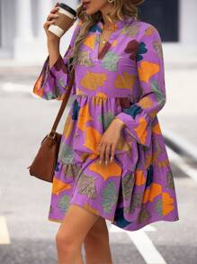 SHEIN LUNE Autumn Casual Ginkgo Leaf Print Off-Shoulder Bell Sleeve Dress