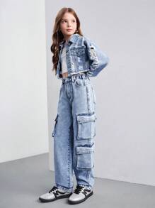 Ensemble veste en jean délavé bleu déchiré + pantalon en jean pour filles
