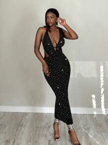 Slaydiva 2pcs Set Women Elegant Sequin Halter Neck Split Mini Skirt - Black - View 4