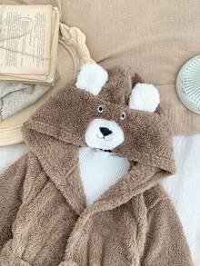 SHEIN Peignoir en molleton doux et douillet pour bébé garçon avec capuche ours mignon, blocs de couleurs, broderie, avec ceinture amovible. Automne/hiver - Tabac - Voir 4