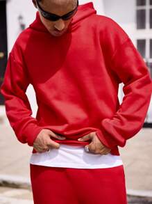 Men's Casual Plain Color Fleece Hoodie Set, Fall & Winter - Grey - View 4