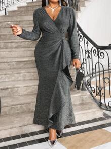 Vestido ajustado de gala con escote de pico profundo, de lentejuelas de punto elegante y vintage, para bodas, fiestas de cóctel, San Valentín, Año Nuevo, con volantes de pedrería, tallas grandes, vestido formal y de graduación - Negro - Ver 6