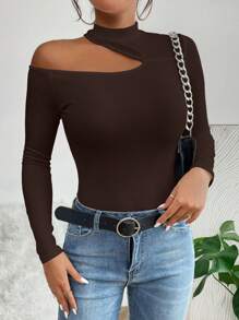 SHEIN PETITE 1 chiếc áo thun ôm vừa vặn không đối xứng màu trơn mùa thu - màu nâu - Xem 3