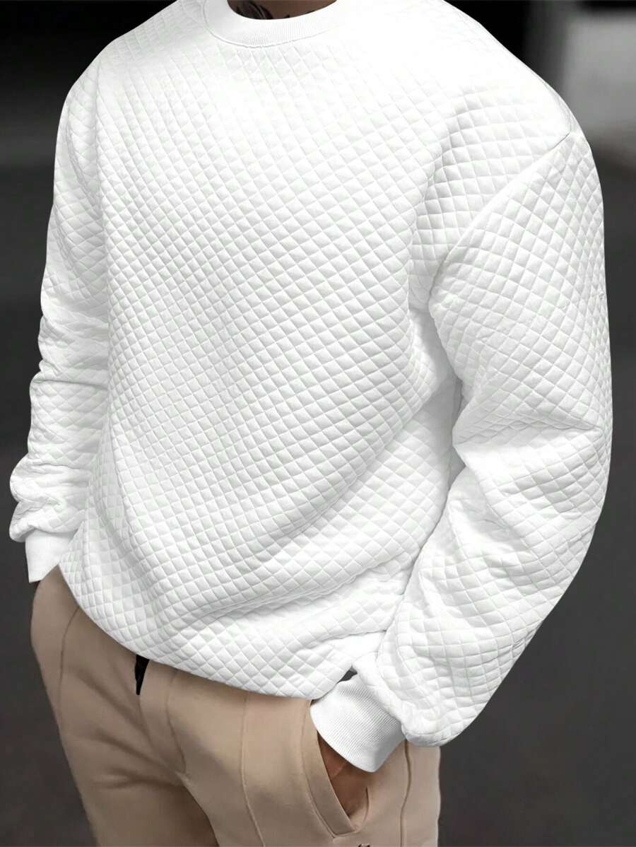 Manfinity Homme Men's Casual Solid Color Quilted Textured Sweatshirt For Autumn, Long Sleeve Top - White - View 1