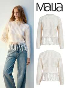 SHEIN Maija 女士休闲立领流苏下摆麻花针织毛衣秋冬季 - 白色 - 查看 1