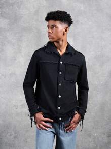 SHEIN Veste de jean noire à manches longues avec design à franges vintage, style décontracté et branché, pour tenue de tous les jours et automne, vêtements pour ado garçon - Noir - Voir 1