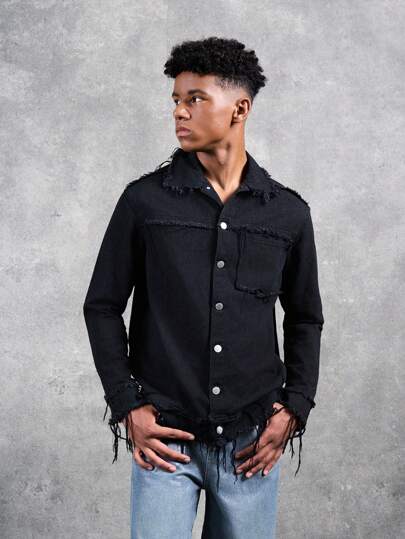 SHEIN Teen Boy Fashion Casual Street Vintage Fringe Edge Design Black Denim Lapel Long-Sleeved Jacket For Dailywear And Fall Teen Boy Clothes
