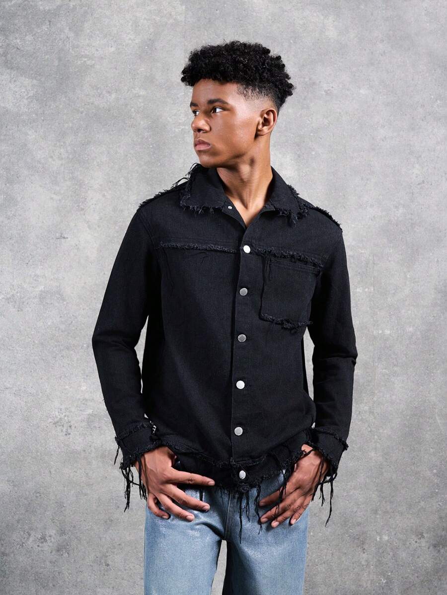 SHEIN Veste de jean noire à manches longues avec design à franges vintage, style décontracté et branché, pour tenue de tous les jours et automne, vêtements pour ado garçon - Noir - Voir 1