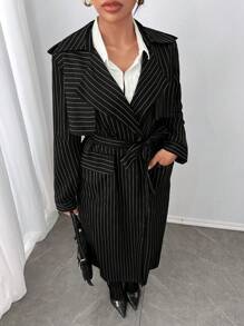 SHEIN SXY Abrigo trench de estilo callejero a rayas en blanco y negro, para otoño/invierno