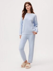 LUVLETTE 秋冬季毛绒圆领套头衫和裤子家居服睡衣套装内衣外套秋季睡衣服装 - 藍色 - 查看 6